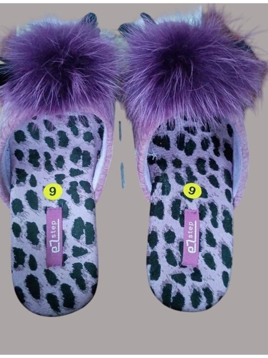 Ez Step Shoes - EZ Step Purple Fuzzy Open-Toe Slippers With Animal Print & Pom Pom Accents